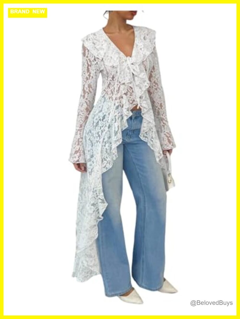 Lace Blouse Mesh Long Sleeve Tie V Neck Ruffle Tops Asymmetrical Hem